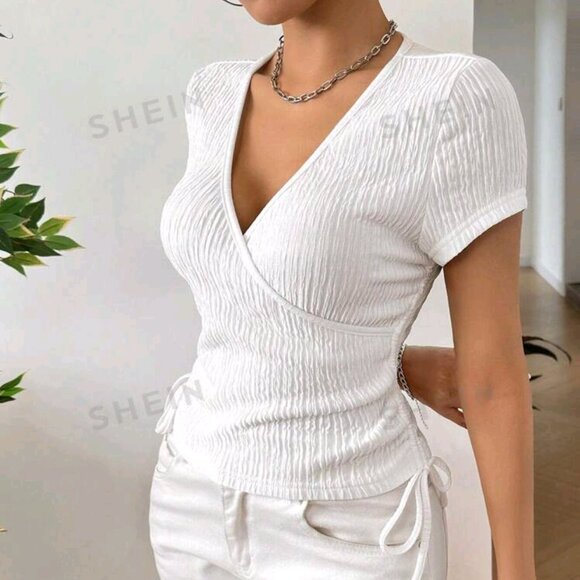 SHEIN EZwear Solid Color Wrap & Cinched Waist Shirt For Summer- XS - Picture 2 of 14